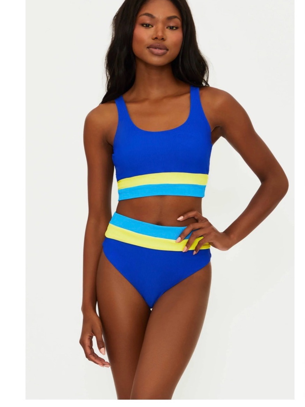 Beach Riot Bold Blue Scoop Bikini with Yellow and Aqua Bands